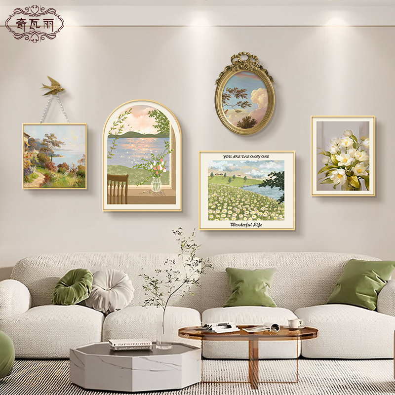 法式客厅装饰画轻奢高级感沙发背景墙挂画餐厅组合风景奶油风壁画