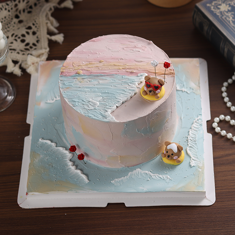 网红日落海边520情人节蛋糕装饰浪漫玫瑰插件情侣小熊头烘焙摆件