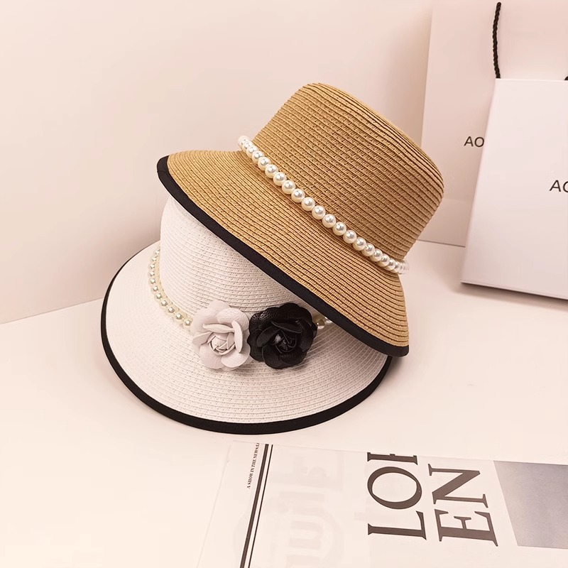 夏天法式复古优雅黑白色珍珠花朵渔夫帽女赫本风盆帽出游遮阳礼帽