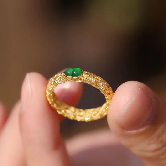 【如意】冰种阳绿天然玉髓葫芦戒指镂空花纹镶嵌S925纯银女款指环