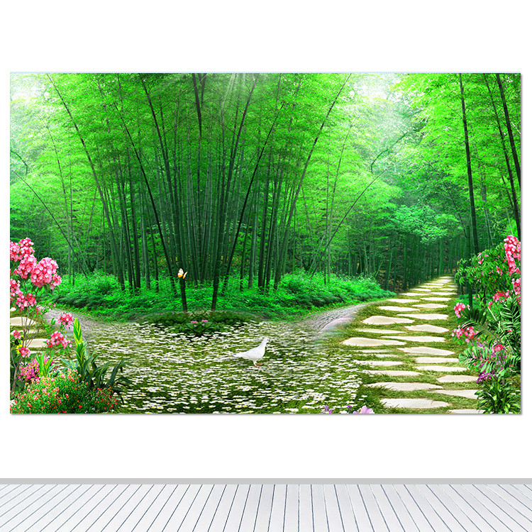 竹子竹林客厅装饰画绿色竹林乡间小路风景壁画山水树林墙贴自粘画