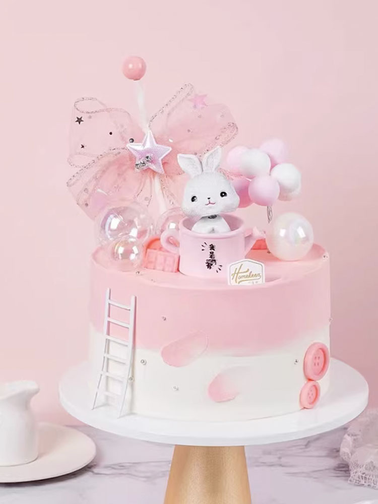 可爱粉色茶杯兔子烘焙蛋糕装饰摆件粉色热气球插牌创意派对甜品台