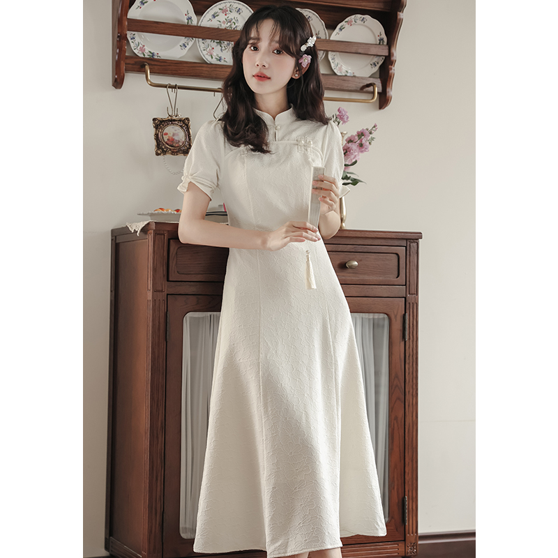 中式伴娘服订婚礼服连衣裙日常可穿领证登记小白裙女夏季旗袍裙子