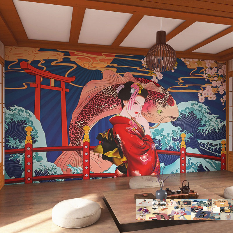 复古日式浮世绘海浪壁纸日本料理餐厅和风墙纸个性寿司烤肉店壁画