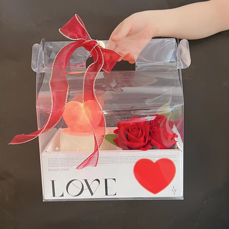 七夕情人节鲜花蛋糕盒装饰情侣love爱心灯创意4寸玫瑰手提包装盒