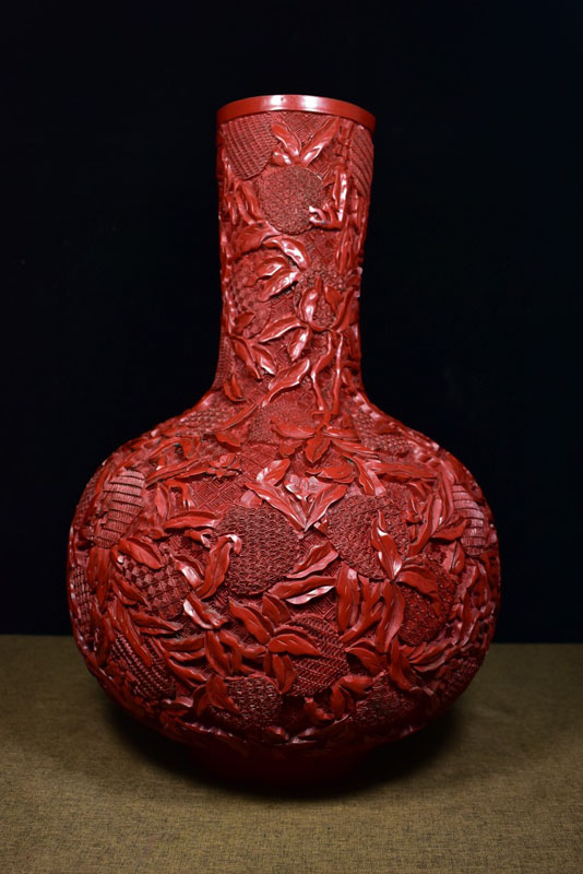 剔红雕漆漆器三多天球瓶桌面装饰摆件家居古玩古董收藏真品老物件