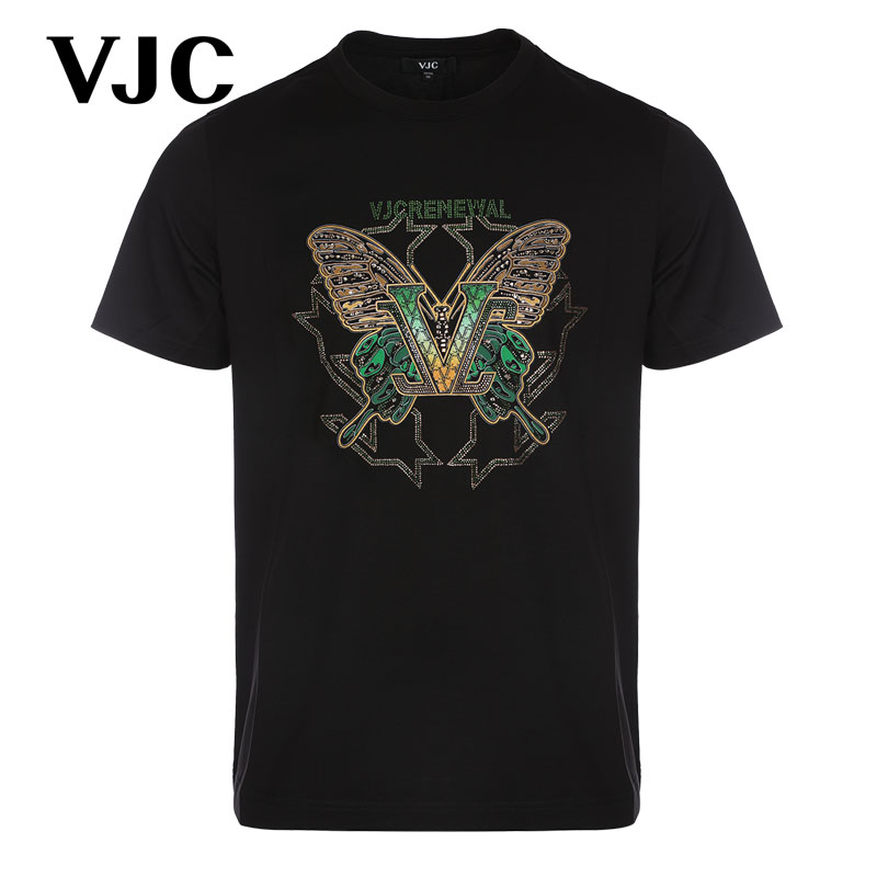 VJC 2024年男装新款黑色短袖T恤蝴蝶烫钻休闲上衣 B23BA1073