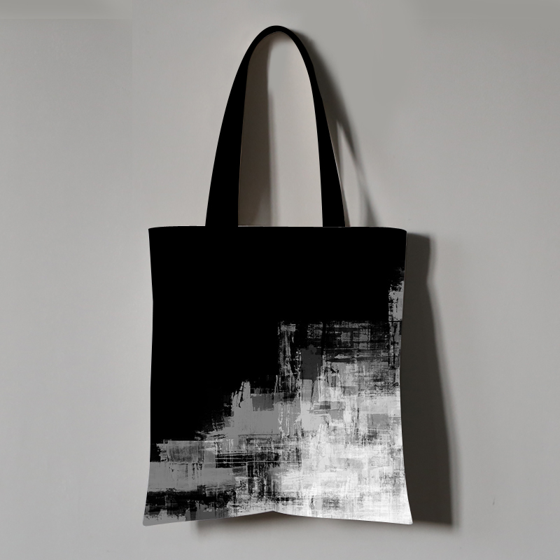 复古个性抽象黑白水墨插画艺术单肩手提帆布袋购物袋可折叠化妆包