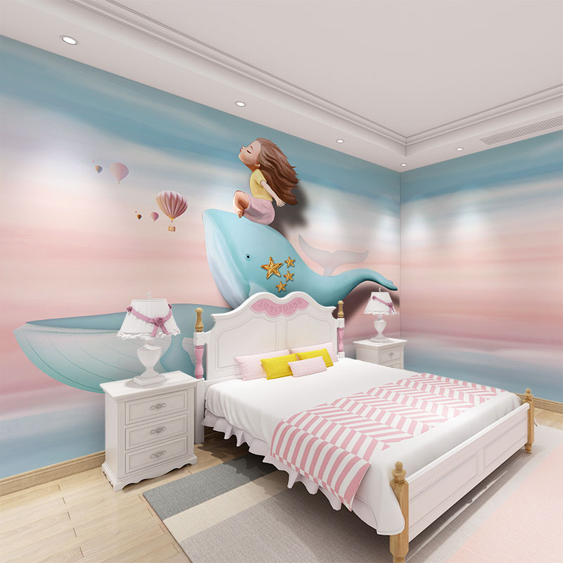 墙纸3d立体卡通鲸鱼儿童房背景墙壁纸女孩卧室墙壁布床头墙布壁画
