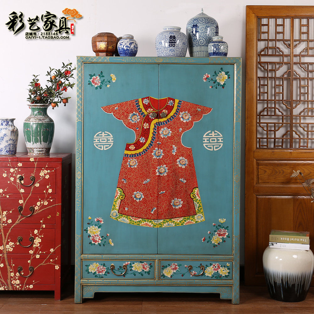 新中式实木仿古手绘衣柜复古做旧明清古典衣橱带挂衣杆彩漆柜现代