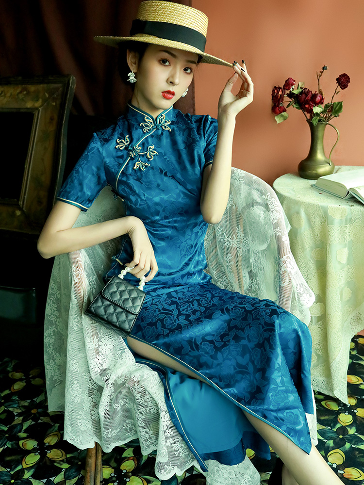 蓝色旗袍2021年新款复古老上海长款女日常可穿改良版中国风连衣裙