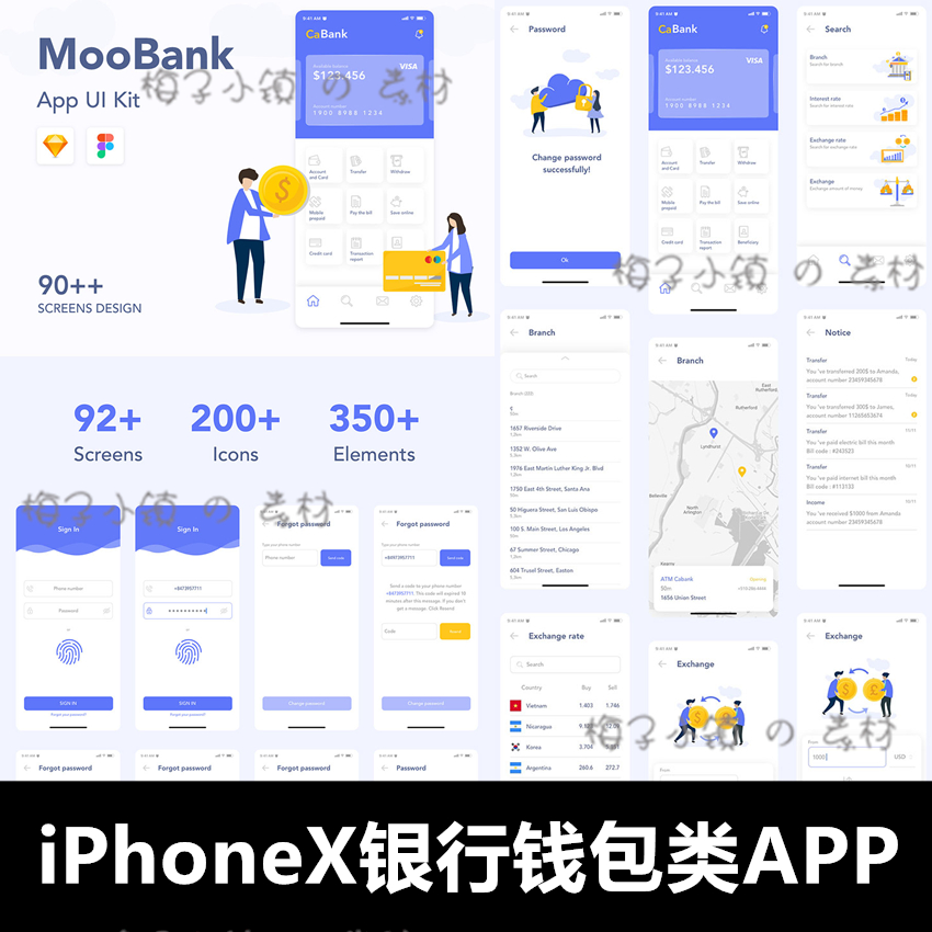 iPhoneX高端银行金融理财钱包类手机APP界面UI页面Sketch+fig素材