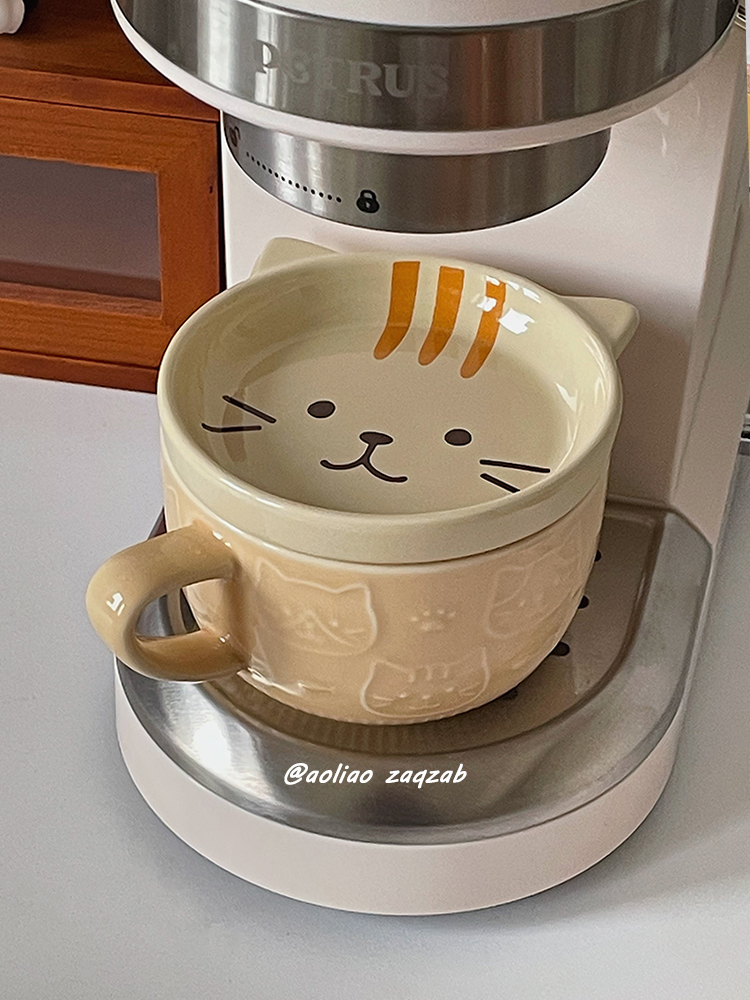 复古可爱三花猫咪马克杯陶瓷杯子带盖咖啡杯燕麦杯早餐杯生日礼物