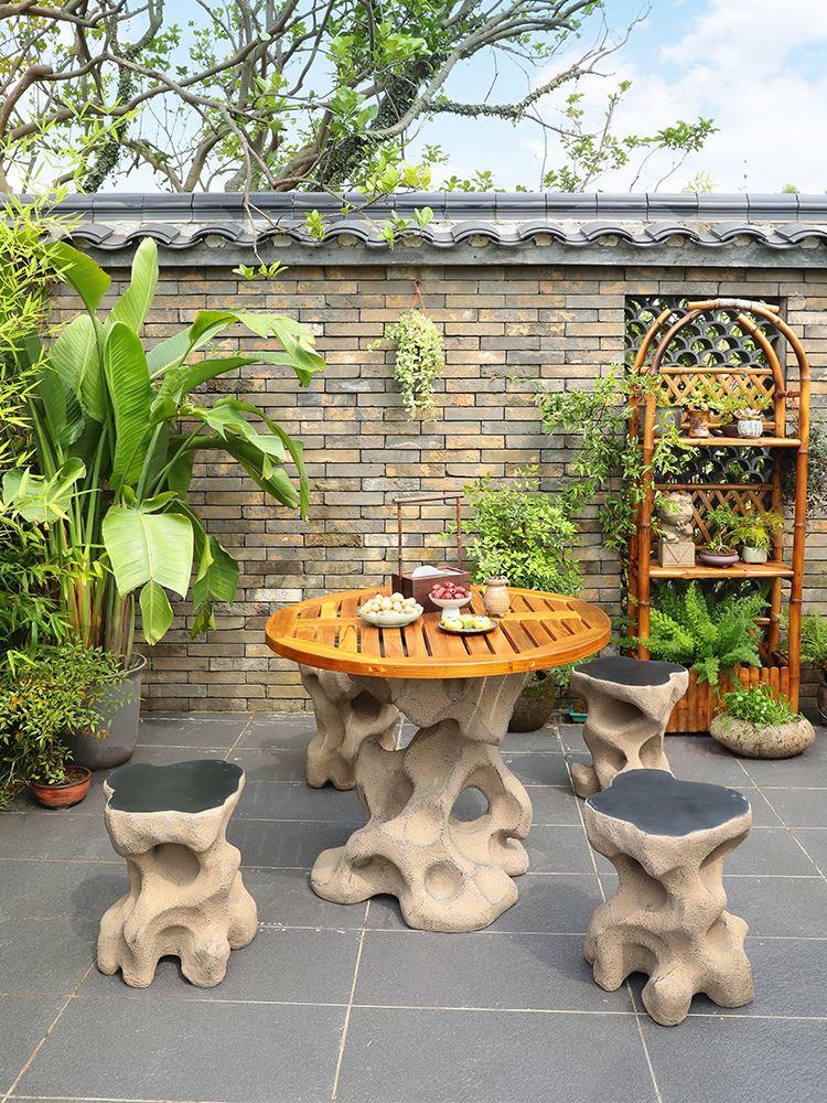 庭院实木桌椅套餐新中式户外花园防腐柚木圆形休闲组合餐桌