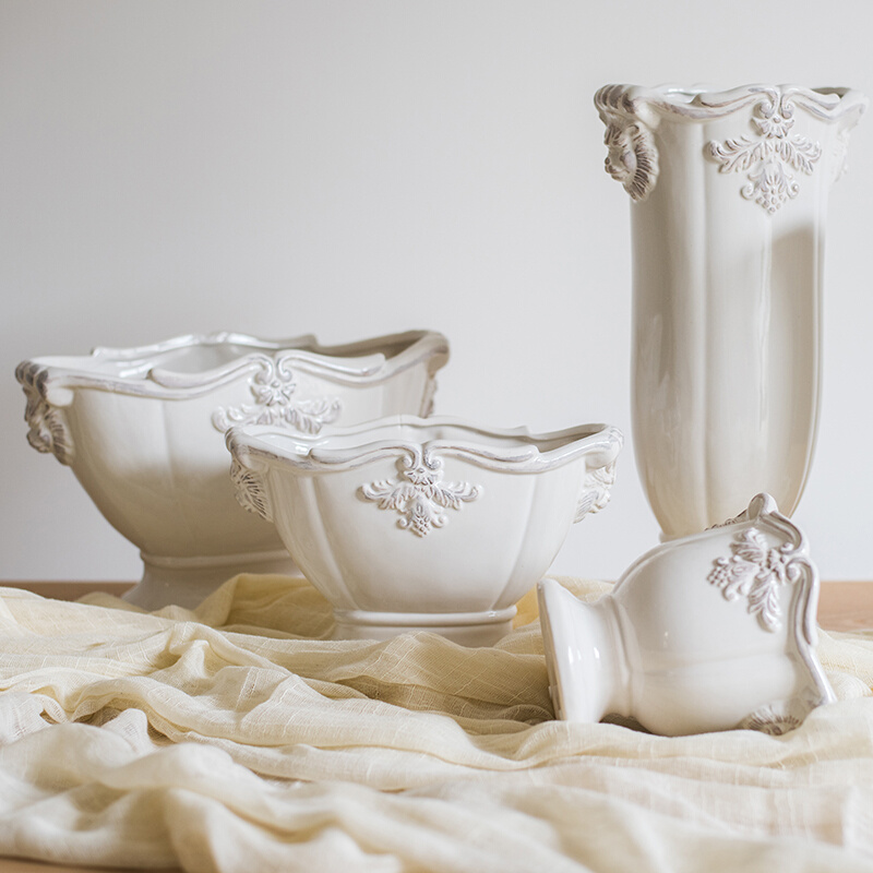 法式经典柱盆花器花瓶花盆陶瓷釉下彩装饰摆件复古白瓷