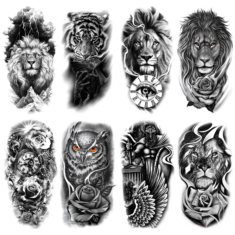 8张 黑色纹身贴防水男半臂小腿狮子老虎猫头鹰仿真一次性跨境贴画