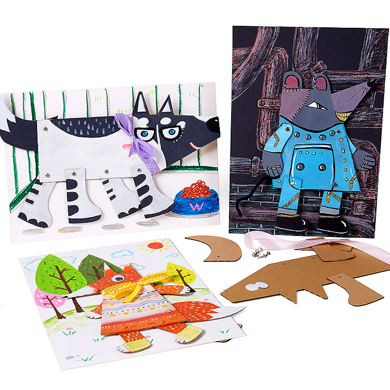幼儿园儿童创意DIY动物贴画材料包 小狐狸小狗彩绘上色纸板粘贴画