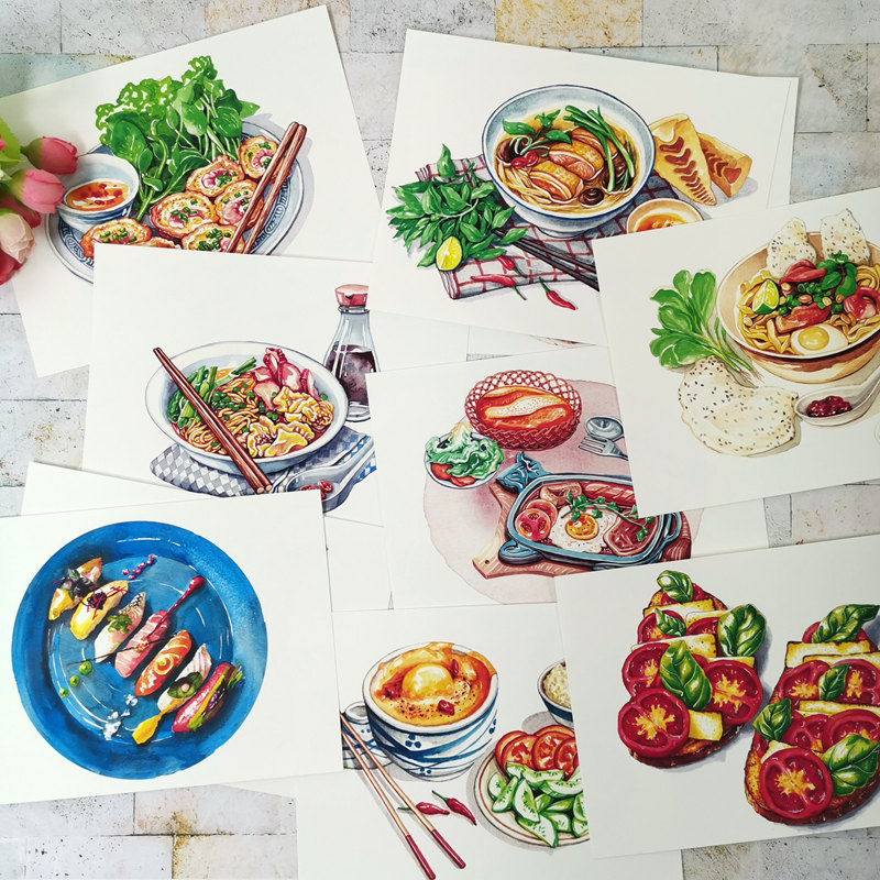 水彩美食菜品临摹卡片30张 手绘风食物中日韩台式美术绘画教学