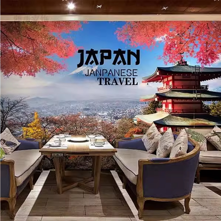 日本风景墙纸日式酒店餐厅饭店壁画寿司料理店壁纸富士山樱花墙布