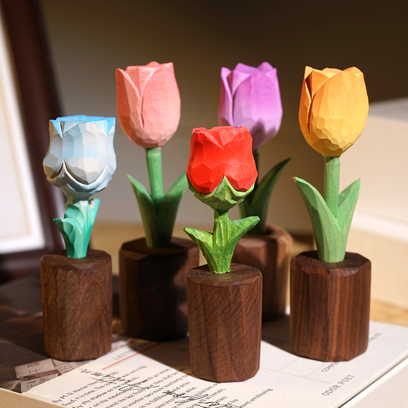 手工木雕小王子玫瑰花桌面装饰品摆件郁金香木头永生花朵治愈系