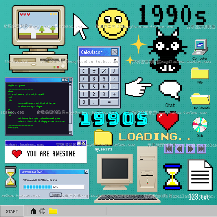 复古1990千禧电脑window98系统图标窗口桌面海报元素png矢量素材