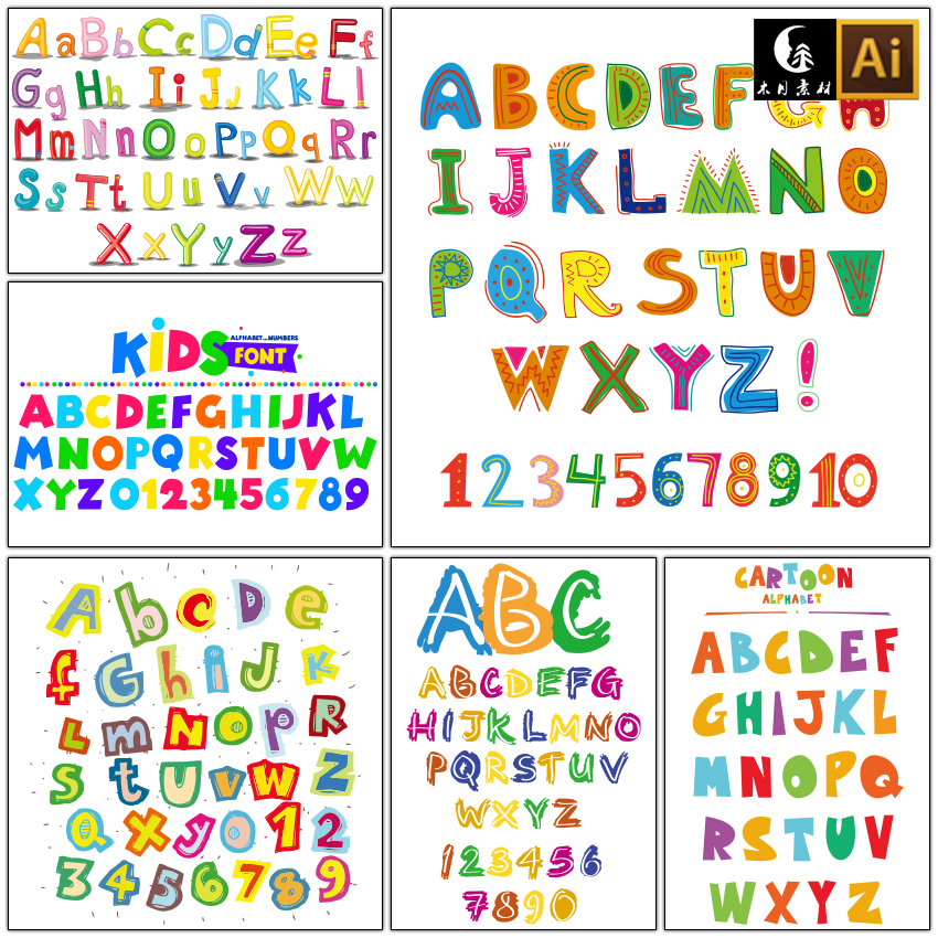卡通创意26个英文字母数字儿童字母表插画矢量图片设计素材