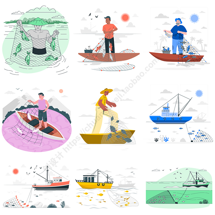 卡通捕鱼插画 扁平化渔船渔民撒网捞鱼场景 AI格式矢量素设计素材