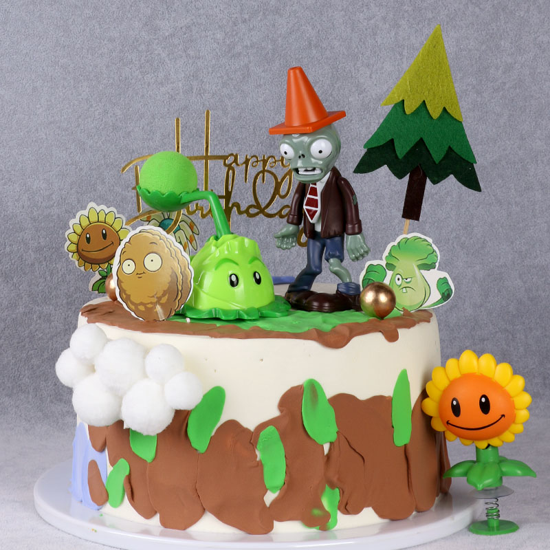 路障僵尸儿童生日蛋糕装饰摆件可爱卡通向日葵绿色卷心菜投手套装