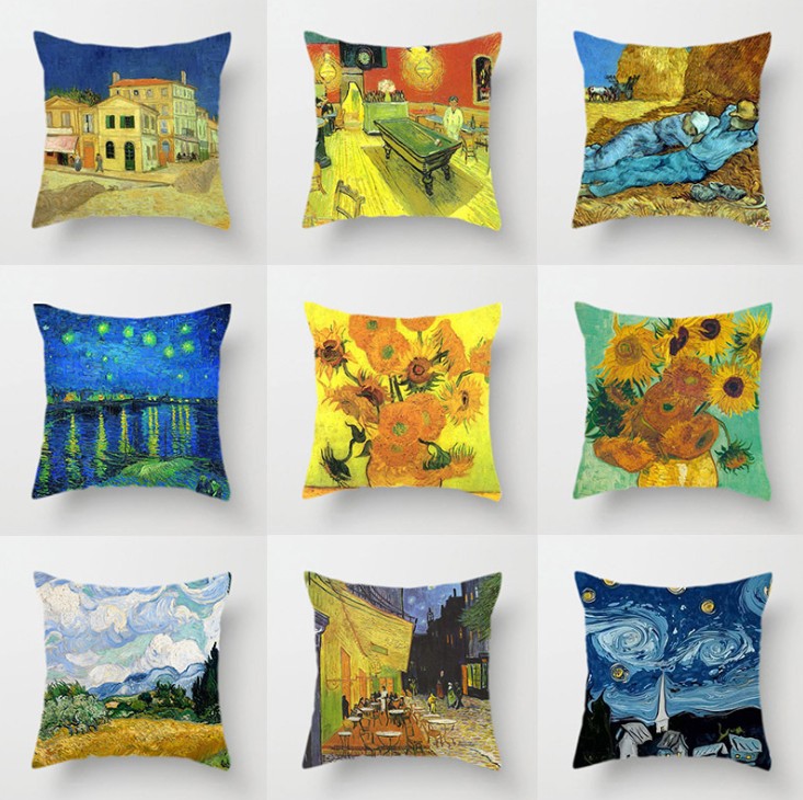 梵高油画抱枕沙发家用装饰枕头套向日葵自画像星空印花靠垫