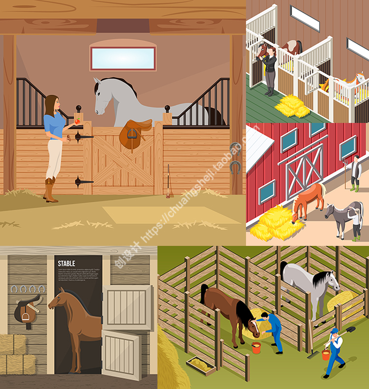 马场插画 扁平化卡通牧场养马场饲养员马匹 AI格式矢量设计素材