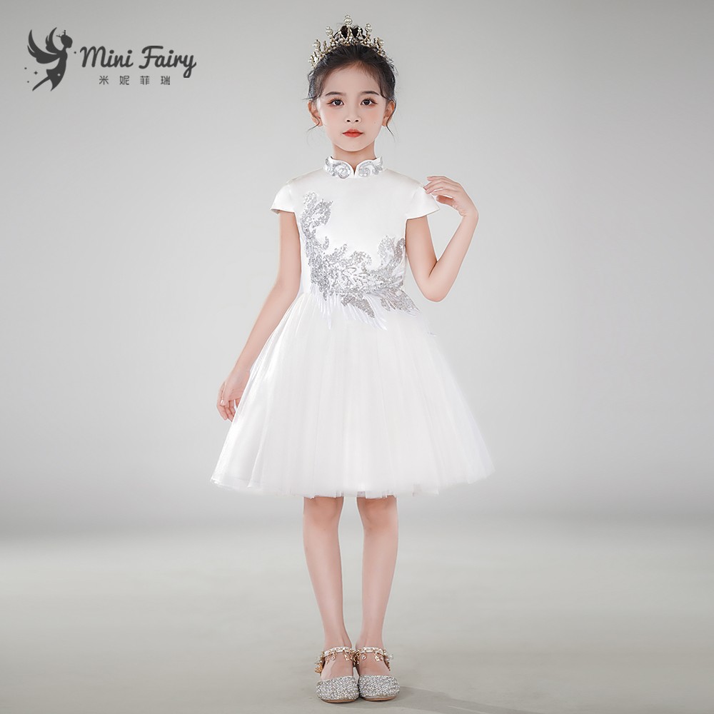 高端合唱团音乐会演出服女童白色中国风儿童礼服节日表演公主裙短