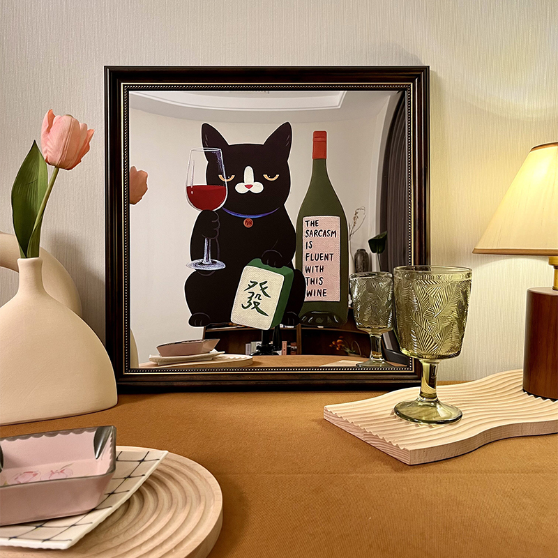 法式镜子画美式复古痞猫小众镜面摆件服装店客厅卧室艺术挂画