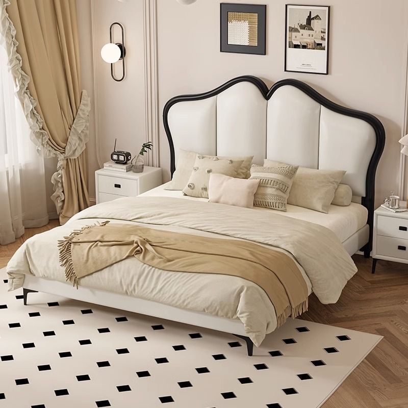 法式现代真皮床奶油风简约1.8米大床蝴蝶床轻奢床实木软体双人床
