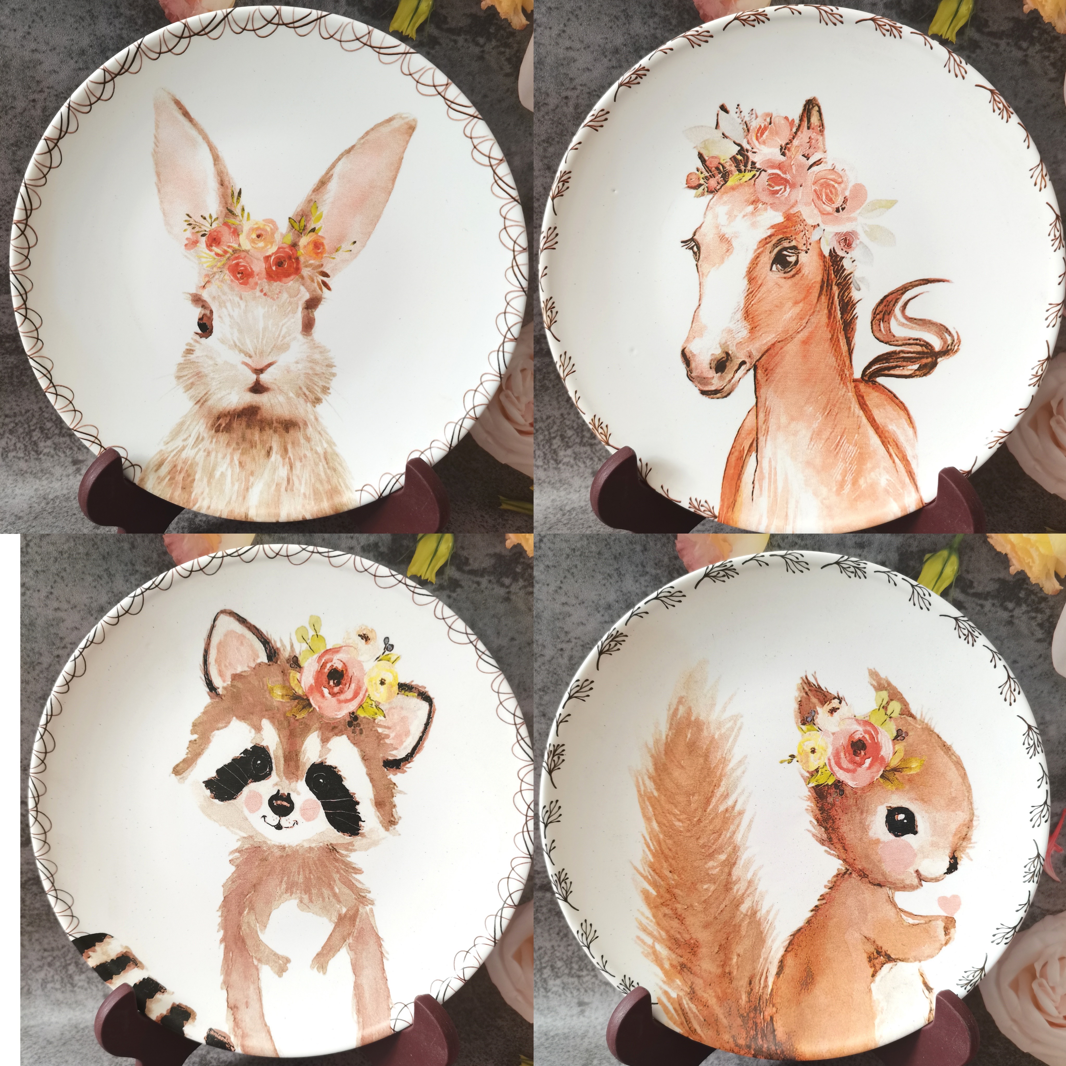 卡通小动物手绘陶瓷盘子可爱带花朵的浣熊马小兔子松鼠8.5寸微瑕