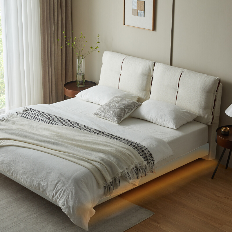 设计布艺悬浮床主卧无床头实木双人床单床网红悬空床1.8米