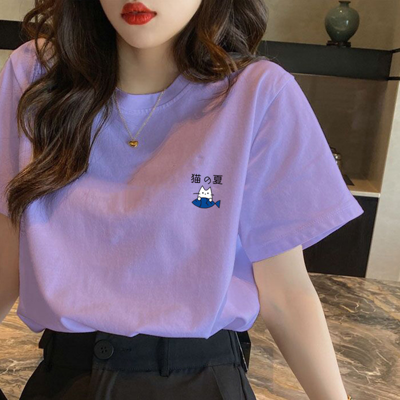 短袖t恤女宽松ins潮夏季2024新款韩版简约百搭小心机紫色上衣体恤