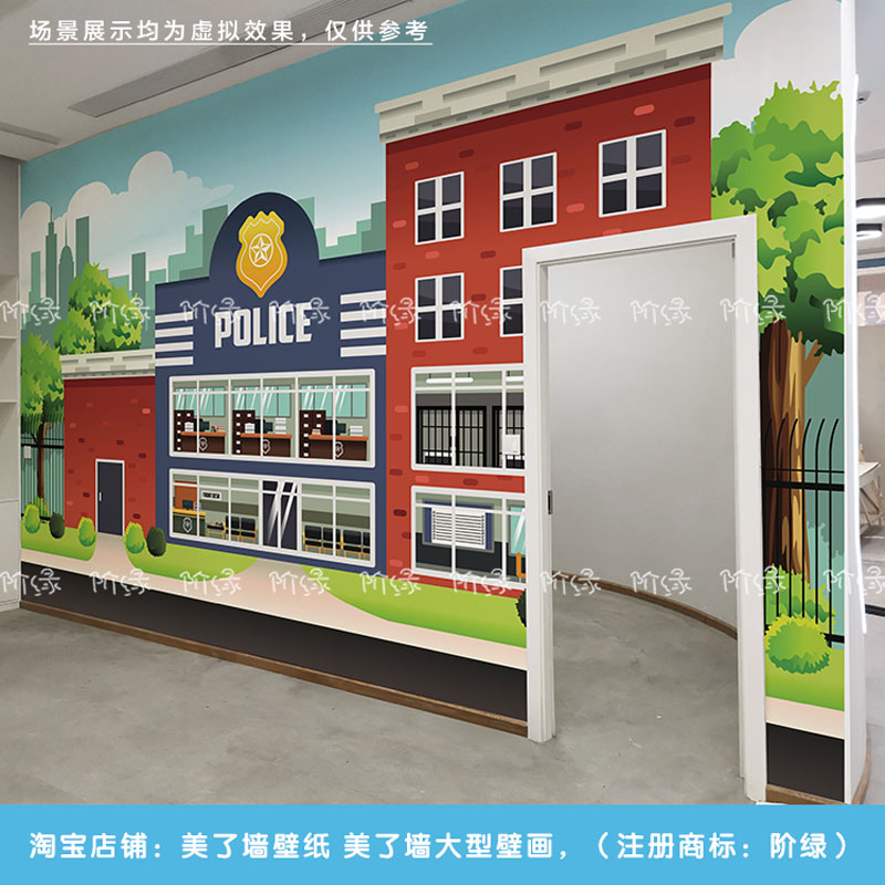 儿童职业体验馆壁纸 卡通警察医院消防场景墙纸 幼儿园活动室壁画