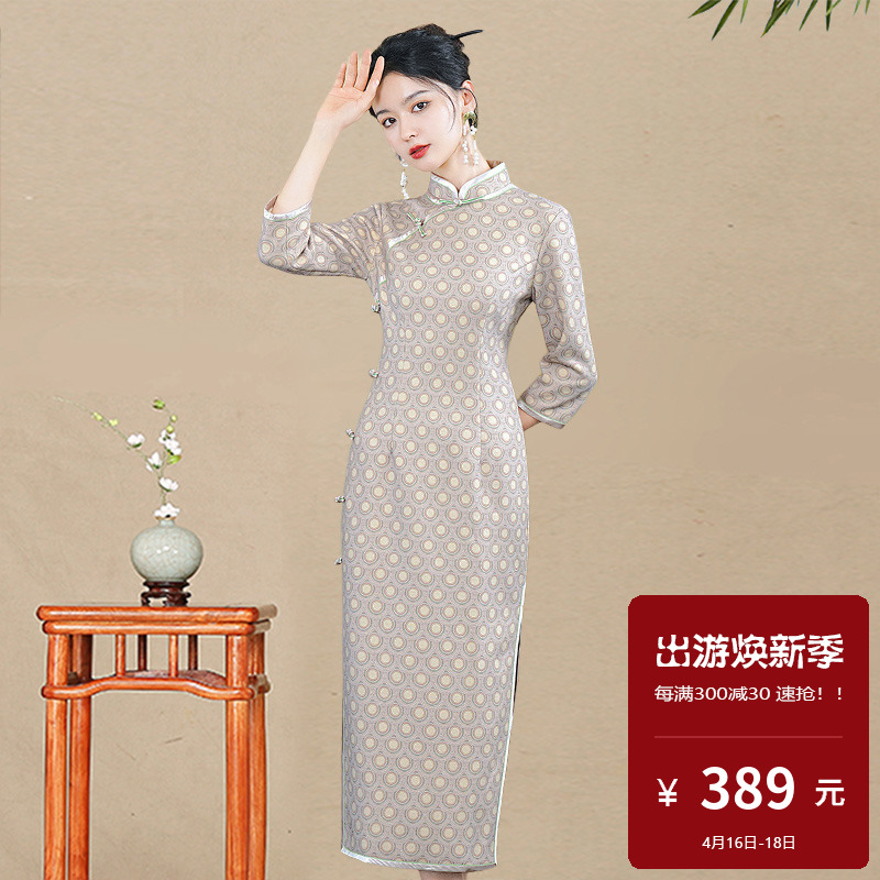 曼丽绒旗袍长款中长袖日常改良版领老上海民国时期军阀太太年轻款