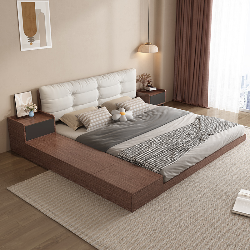 现代简约双人软包床日式榻榻米床1.8米板式储物床组装落地矮床