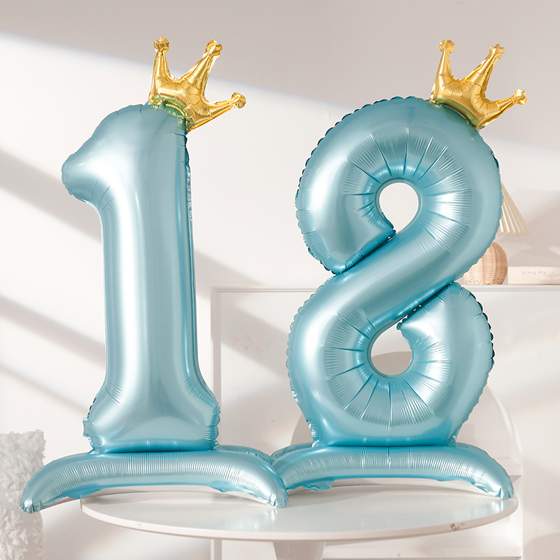 42寸蓝色站立皇冠数字大号气球男孩宝宝生日周岁拍照背景场景装饰