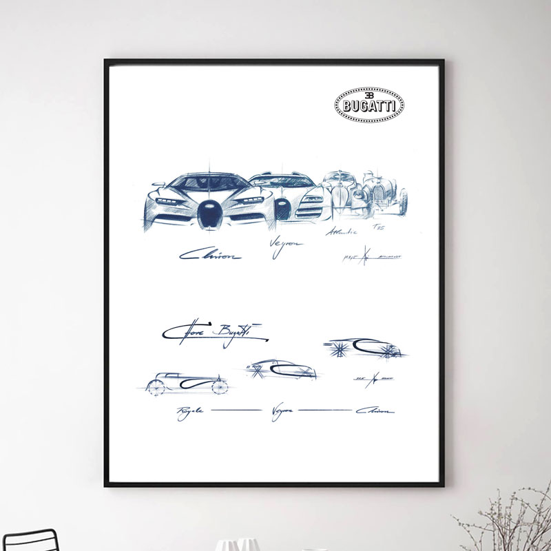 布加迪超跑设计稿装饰画 Bugatti Chiron跑车手绘线稿草图挂画