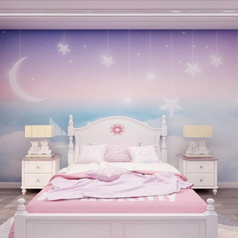 北欧儿童房壁纸女孩房卧室定制壁画卡通紫色梦幻星空云朵墙布墙纸
