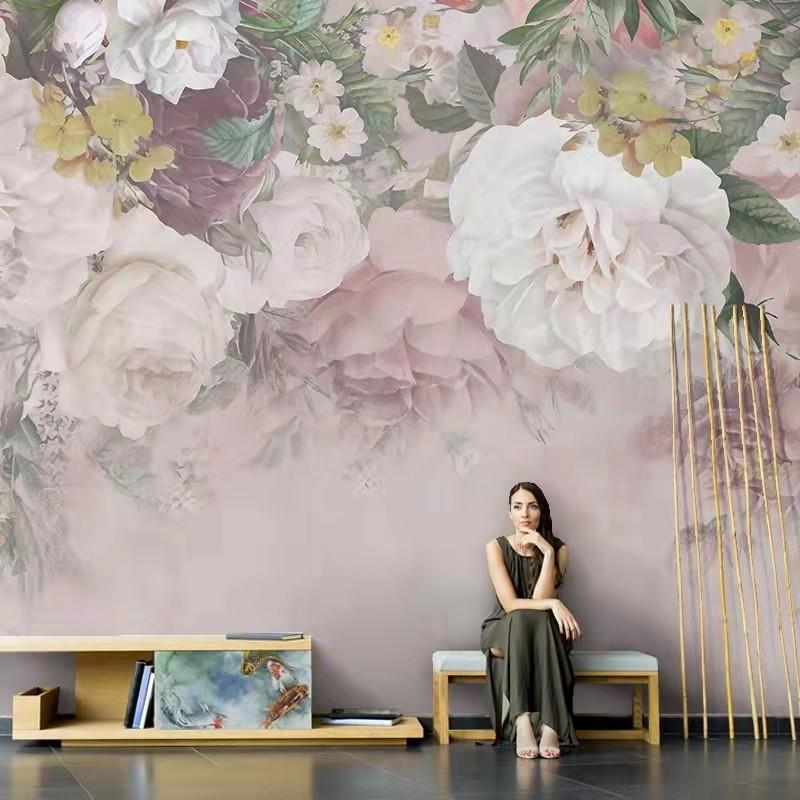 现代欧美手绘花卉艺术客厅电视背景墙纸壁布美容会所大厅定制壁画