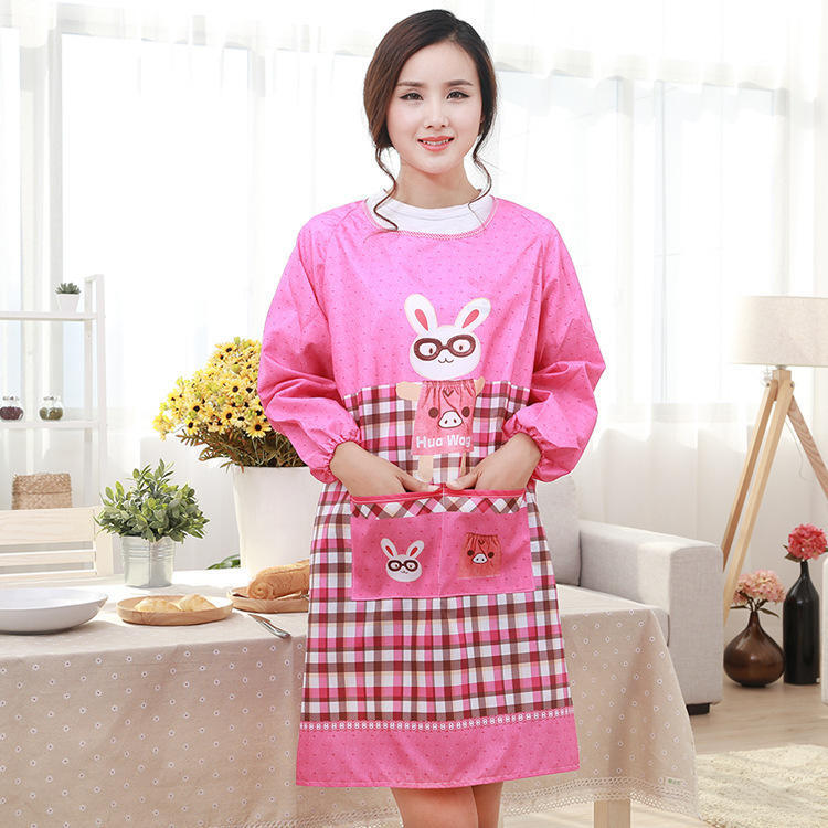 韩版一体式长袖防水厨房罩衣反穿衣罩可爱带袖眼镜兔围裙卡通