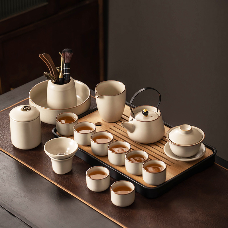 米黄汝窑功夫茶具套装家用陶瓷茶壶盖碗茶杯茶盘轻奢高档喝茶中式