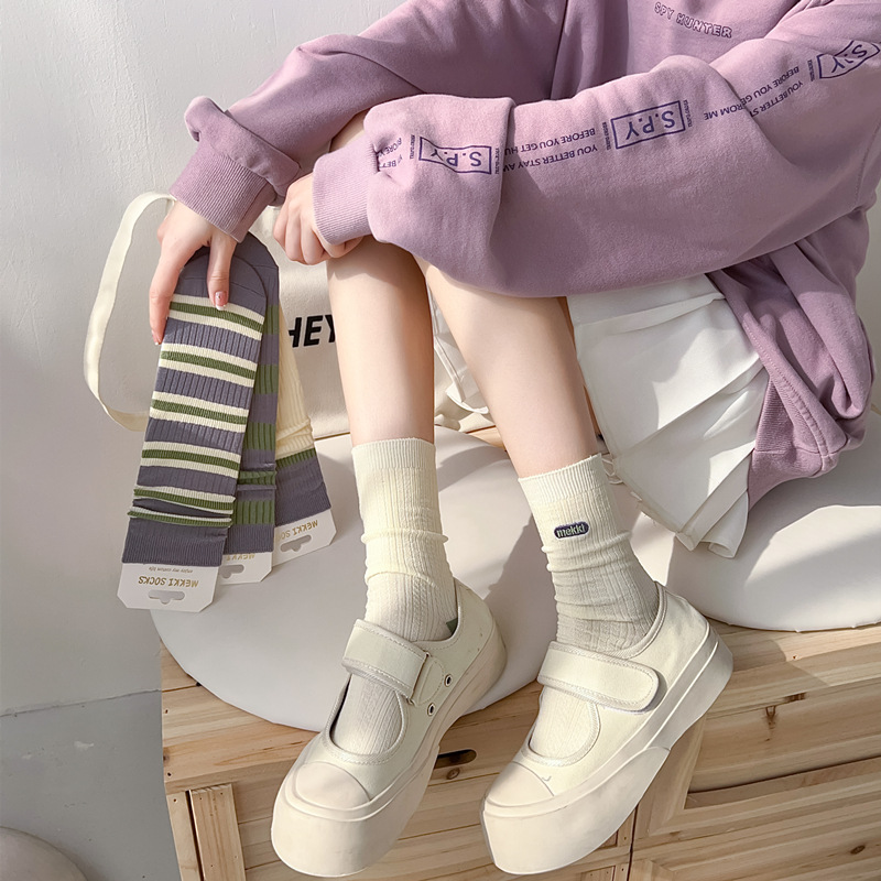 紫色白色条纹袜子女春秋款中长筒堆堆棉袜女孩大童配皮鞋小白鞋的