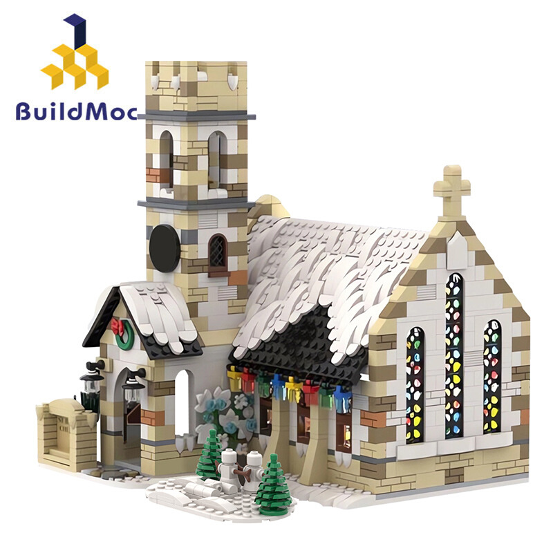 BuildMOC拼装积木玩具圣诞节冬季乡村教堂冬日雪屋建筑街景模型
