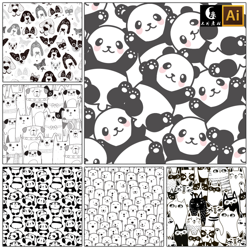 卡通可爱黑白线描熊猫动物头像四方无缝连接印花矢量图片设计素材