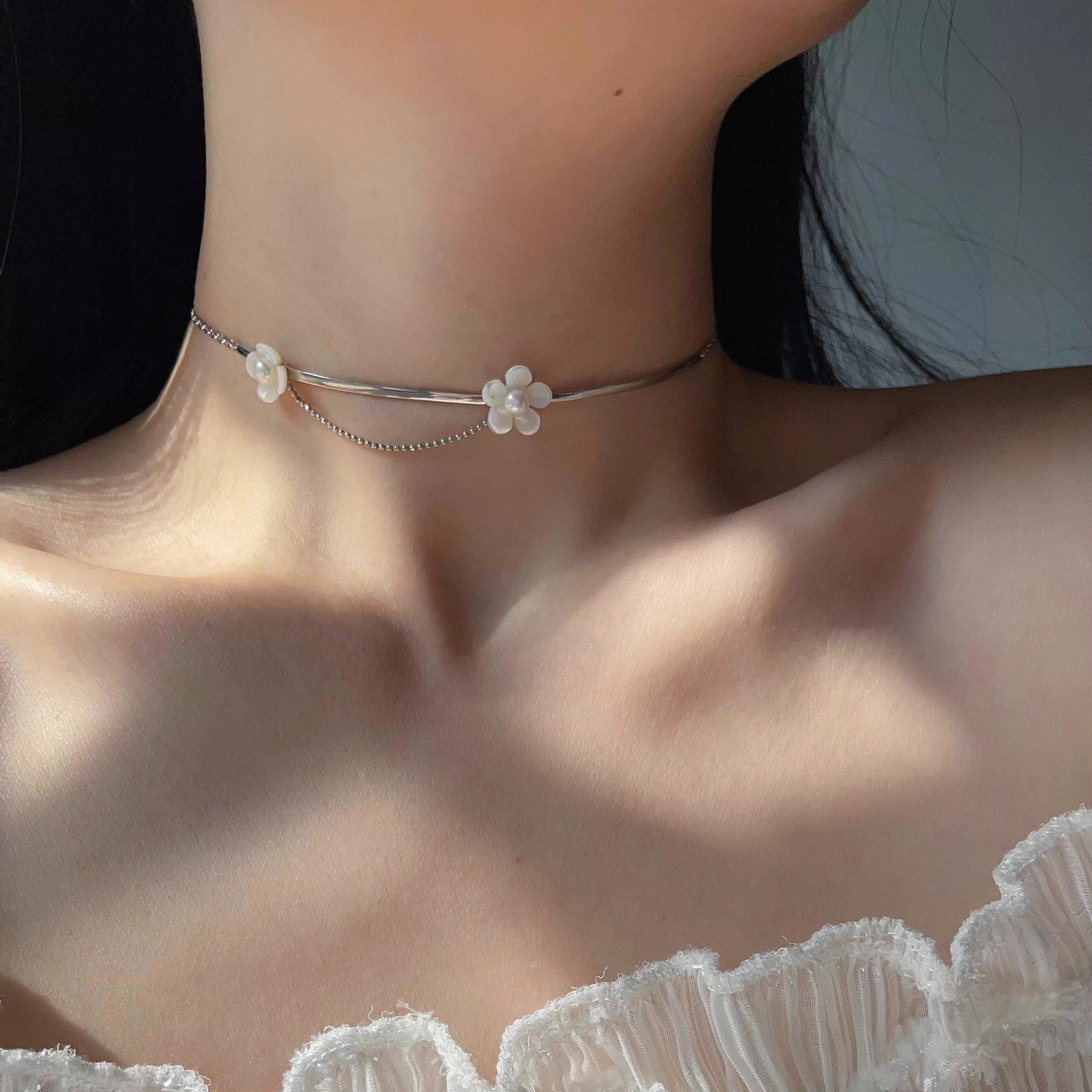 不掉色925纯银珍珠锁骨项链小众设计高级感花朵颈链甜美仙女生日