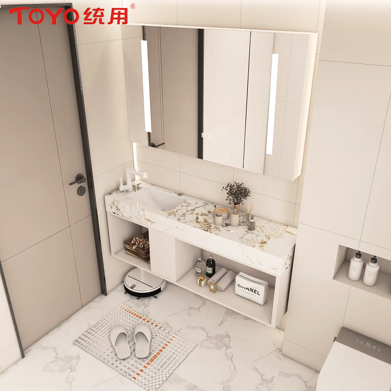 TOYO统用超窄边岩板陶瓷盆实木浴室柜小户型开放式洗脸盆柜组合柜